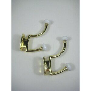 Set Of 2 Vintage Double Gold Wall Hooks Brass Ceramic Knobs 4 Inches Long Taiwan